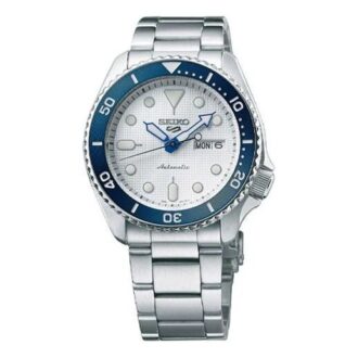 Edición limitada del 140.º aniversario Reloj mecánico Seiko 5 Sports Esfera blanca, franja de acero azul
