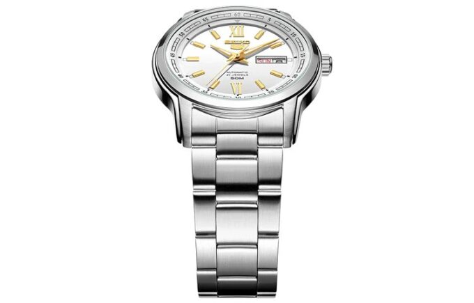 N.º 5 Sports Reloj mecánico de negocios deportivo de acero con correa resistente al agua, blanco