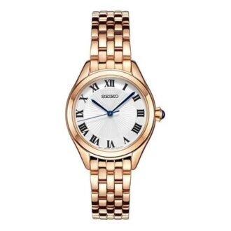 Reloj de moda con esfera azul y blanca, correa de oro rosa, resistente al agua hasta 5 ATM y mecanismo de cuarzo
