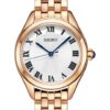 Reloj de moda con esfera azul y blanca, correa de oro rosa, resistente al agua hasta 5 ATM y mecanismo de cuarzo