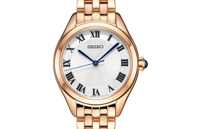 Reloj de moda con esfera azul y blanca, correa de oro rosa, resistente al agua hasta 5 ATM y mecanismo de cuarzo