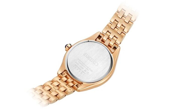 Reloj de moda con esfera azul y blanca, correa de oro rosa, resistente al agua hasta 5 ATM y mecanismo de cuarzo