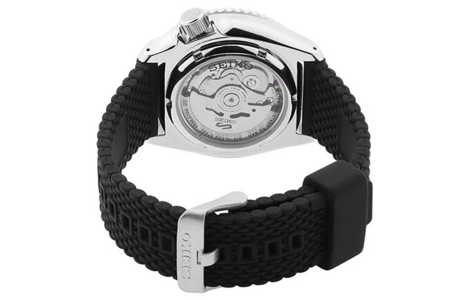 Reloj mecánico deportivo con correa de caucho de la serie n.º 5, color negro, SRPD73k2